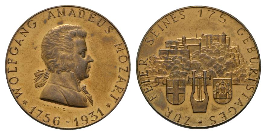  Wolfgang Amadeus Mozart; Medaille 1931, vergoldet; 16,7 g, Ø 35,8 mm   