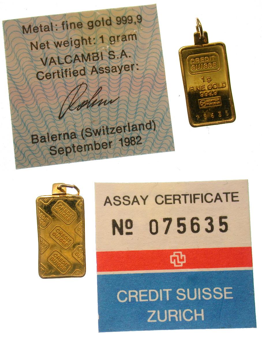 Gold Anhänger mit Goldbarren 1 g incl. Zertifikat Credit Suisse 1982 Gewicht mit Fassung 1,2 g