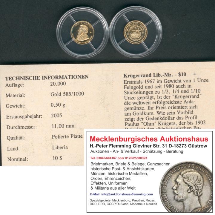 Liberia 10 Dollar 2005 mit Motiv: Krügerrand/Südafrika 0,5g 585er Gold PP