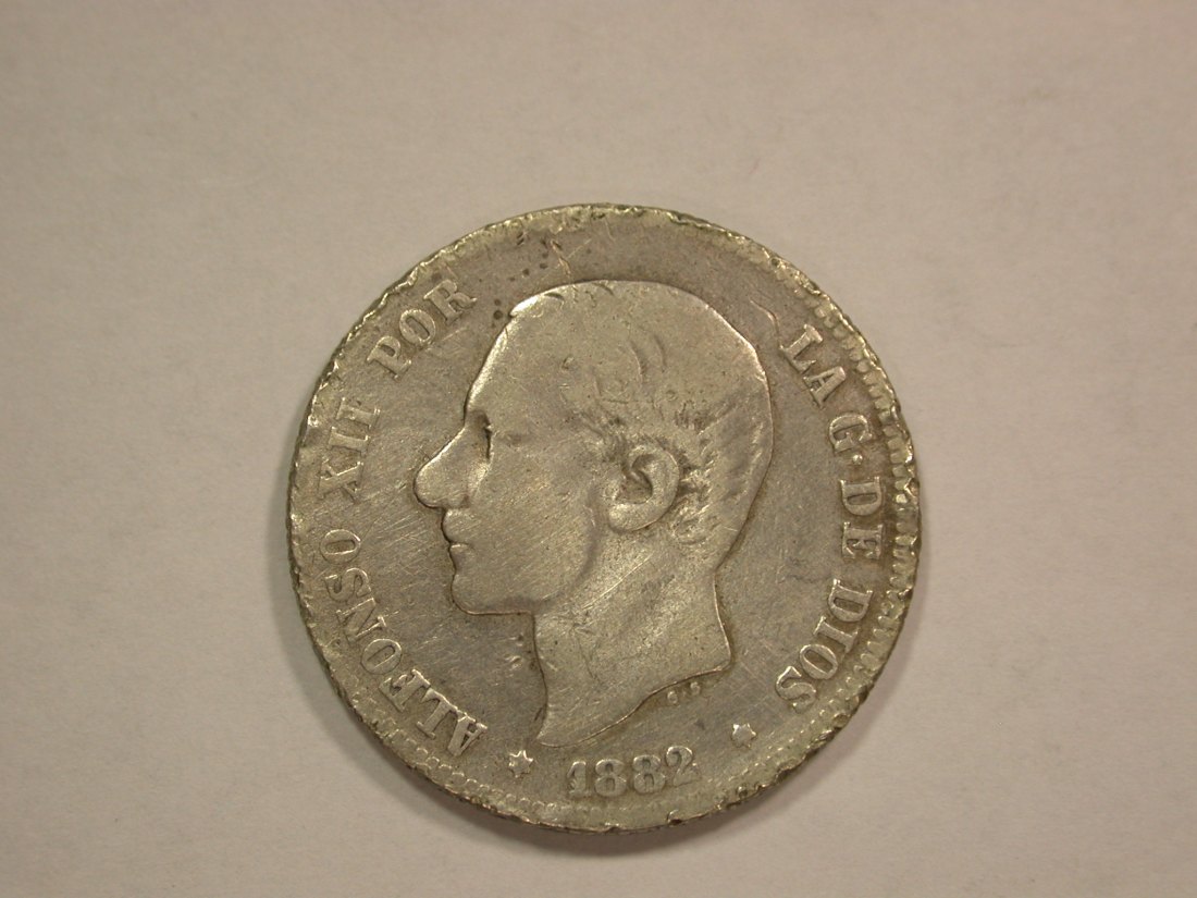 B22 Spanien 2 Pesetas 1882 versch. Randfehler sonst f.ss Originalbilder