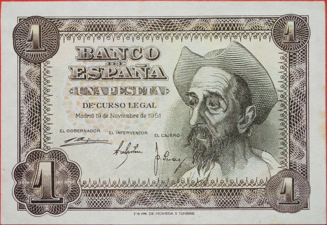 √ DON QUIJOTE: SPAIN ★ 1 PESETA 1951 CRISP! Franco (1936-1975)