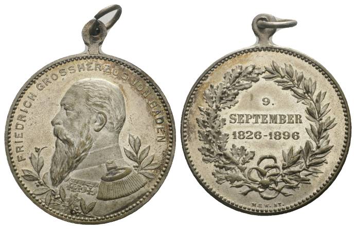  Baden, Medaille, 1896, versilbertes Messing; 14,86 g, Ø 33,18 mm   