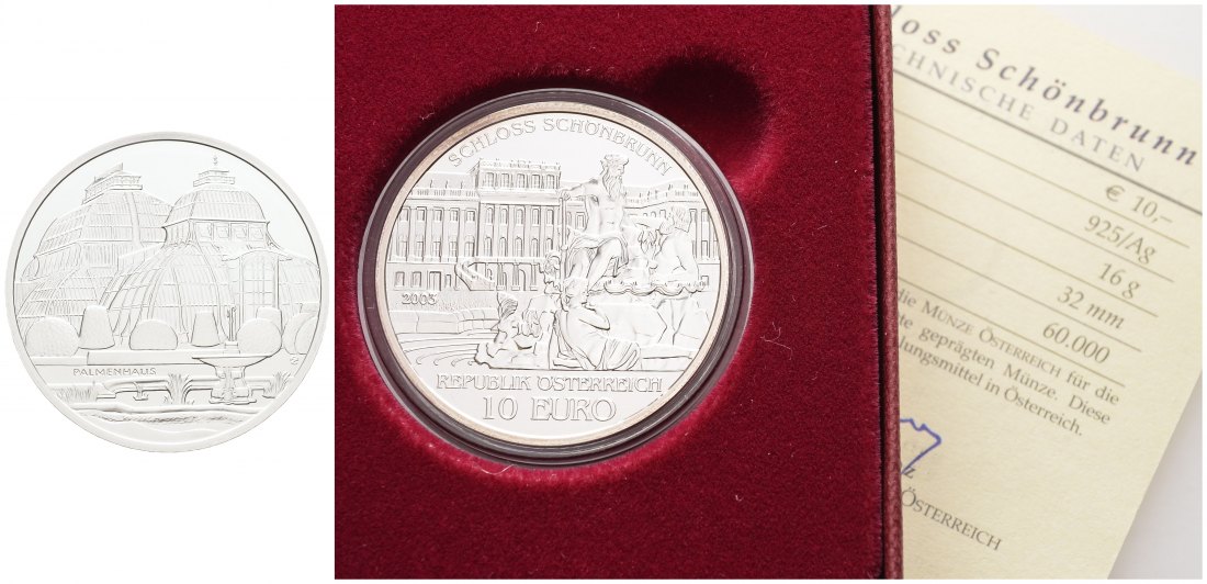 PEUS 8636 Österreich 16 g Feinsilber. Schloss Schönbrunn + Verpackung + Zertifikat 10 Euro SILBER 2003 Proof
