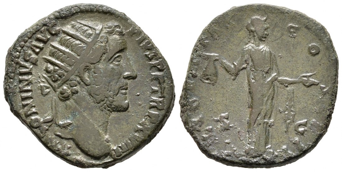PEUS 8643 Kaiserliche Prägung Rom. Kopf / Vesta Dupondius 154/155 Hellgrüne Patina, Sehr schön