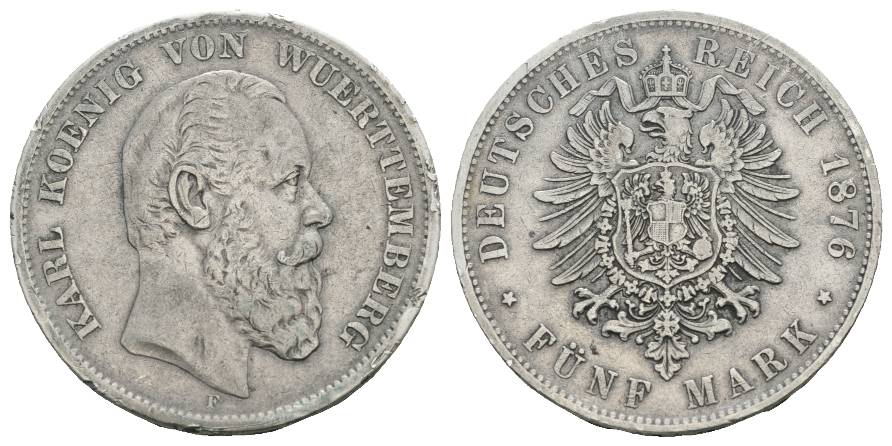  Württemberg, 5 Mark 1876, Randfehler   