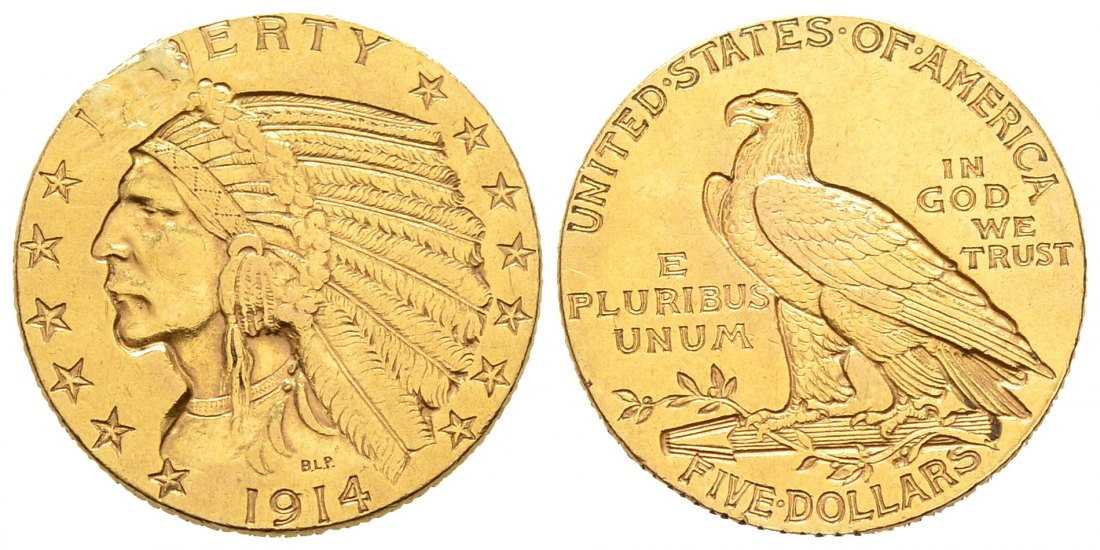 PEUS 8650 USA 7,52 g Feingold. Indian Head 5 Dollars GOLD 1914 Kratzer, Sehr schön