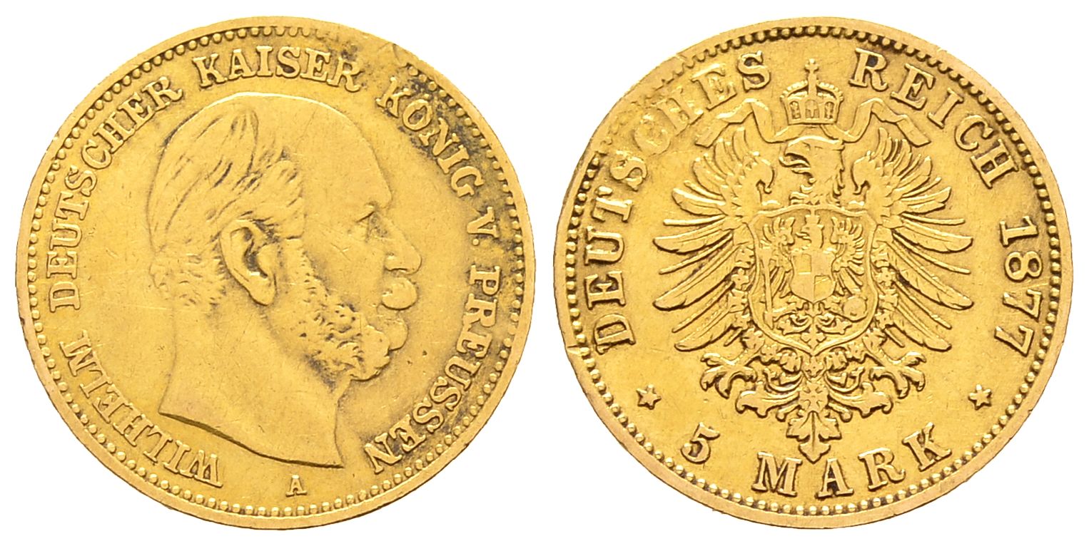 PEUS 8651 Kaiserreich - Preußen 1,79 g Feingold. Kaiser Wilhelm I. (1861 - 1888) 5 Mark Gold 1877 A Broschierspuren, fast sehr schön