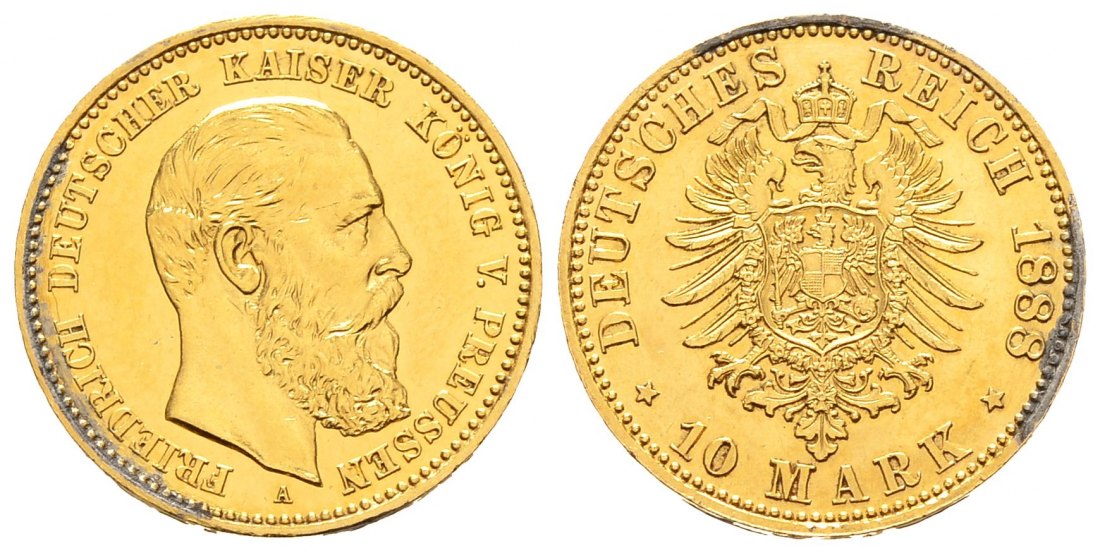 PEUS 8652 Kaiserreich - Preußen 3,58 g Feingold. Friedrich III. (09.03.- 15.06.1888) 10 Mark GOLD 1888 A Belagreste, Kratzer, Sehr schön