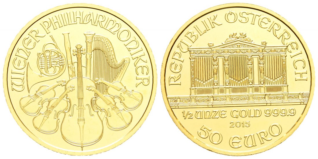 PEUS 8656 Österreich 15,55 g Feingold. Wiener Philharmoniker 50 Euro GOLD 1/2 Unze 2015 Fast Stempelglanz
