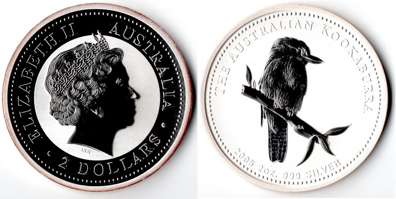  Australien  2 Dollar 2005 (Kookaburra)  FM-Frankfurt Feingewicht: 62,2 g Silber  stempelglanz   