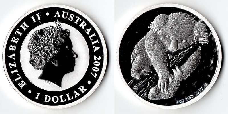  Australien  1 Dollar (Koala) 2007  FM-Frankfurt Feingewicht: 31,1g Silber  stempelglanz   