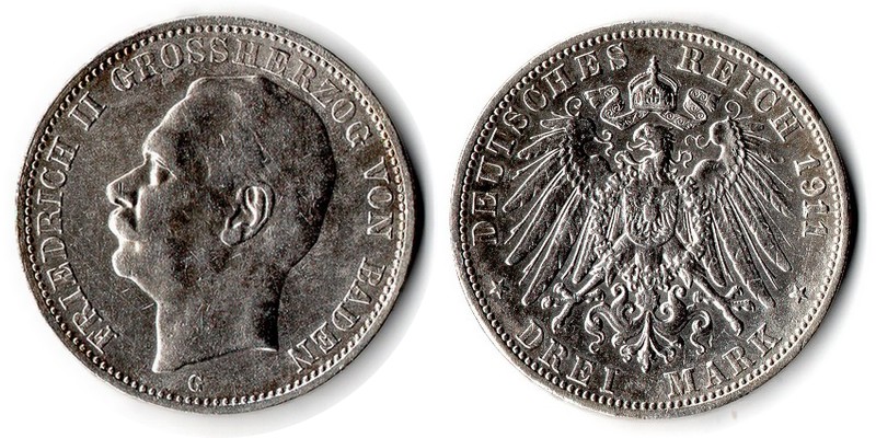  Baden, Kaiserreich  3 Mark  1911 G FM-Frankfurt Feingewicht: 15g Silber sehr schön   