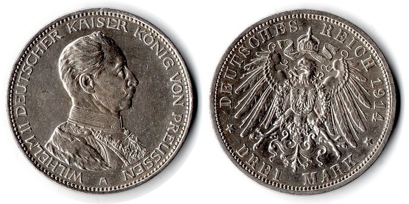  Preußen, Kaiserreich  3 Mark  1914 A  FM-Frankfurt Feingewicht: 15g Silber sehr schön   