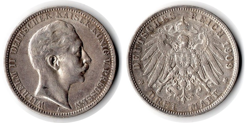  Preussen, Kaiserreich  3 Mark  1909 A  FM-Frankfurt Feingewicht: 15g Silber sehr schön   