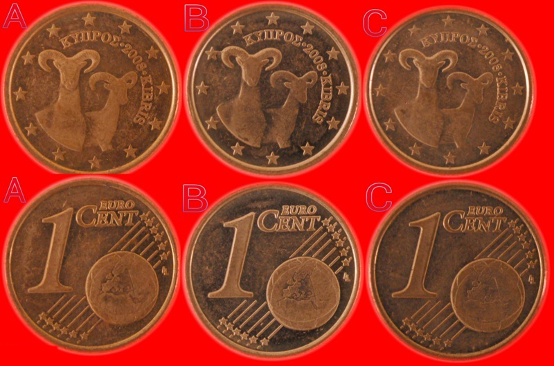 Ⰶ THREE VARIETIES ★ CYPRUS 1 CENT 2008 DIES A, B and C! UNCOMMON! LOW START ★ NO RESERVE!   