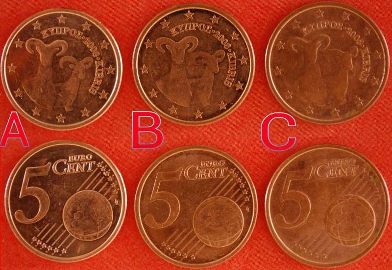  Ⰶ THREE VARIETIES ★ CYPRUS 5 CENT 2008 DIES A, B and C! UNCOMMON! LOW START ★ NO RESERVE!   