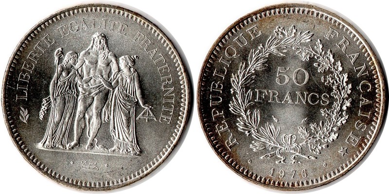  Frankreich  50 Francs  1976  FM-Frankfurt  Feingewicht: 27g  Silber sehr schön   