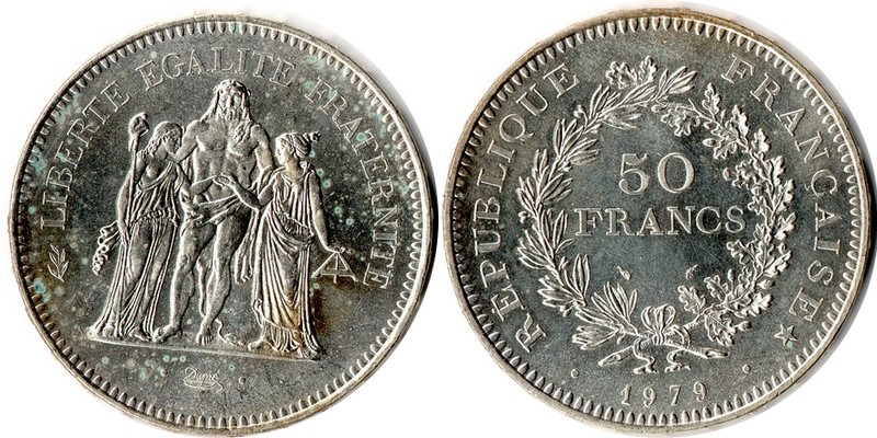  Frankreich  50 Francs  1979  FM-Frankfurt  Feingewicht: 27g  Silber ss/vorzüglich   