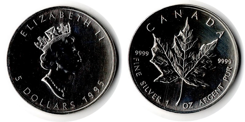  Kanada  5 Dollar (Maple Leaf) 1995  FM-Frankfurt Feingewicht: 31,1g Silber vz berührt   