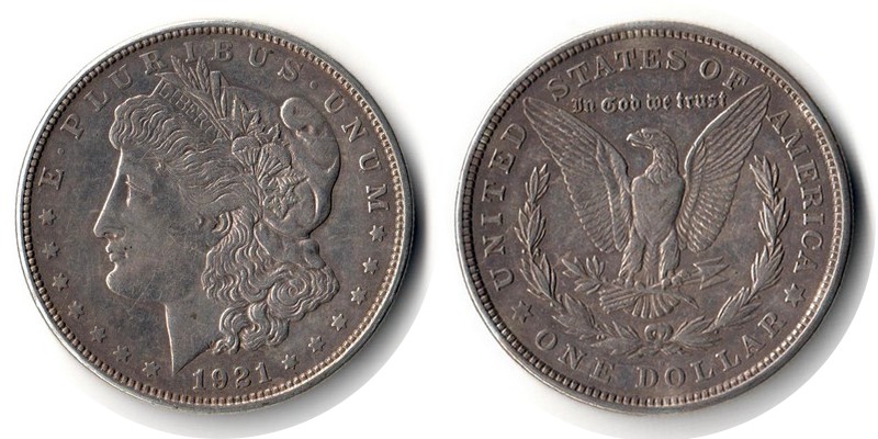  USA  1 Dollar (Morgan Dollar)  1921  FM-Frankfurt Feingewicht: 24,06g Silber sehr schön   