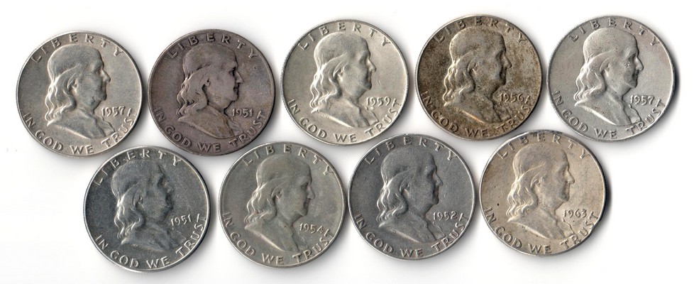  USA 9x Half Dollar (Franklin) 1951   FM-Frankfurt Feingewicht:9x 11,25g Silber  sehr schön   