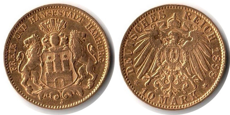 Hamburg, Kaiserreich MM-Frankfurt Feingewicht:3,58g Gold 10 Mark 1898 J sehr schön