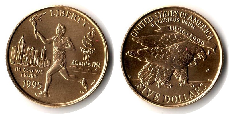 USA MM-Frankfurt  Feingewicht: 7,52g Gold 5 Dollars 1995 stg Olympia Atlanta 1996