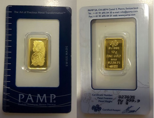 Schweiz PAMP MM-Frankfurt Feingewicht: 10g Gold 10g Goldbarren (eingeschweisst)  pp