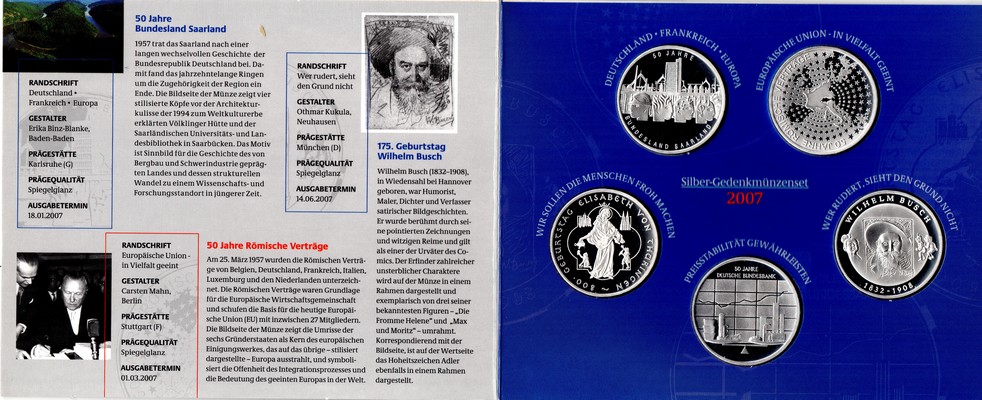  Deutschland  5 x 10 Euro (Gedenkmünzenset) 2007 FM-Frankfurt  Feingewicht: 83,25g  Silber  PP   