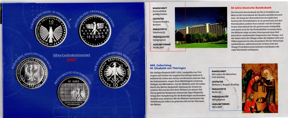  Deutschland  5 x 10 Euro (Gedenkmünzenset) 2007 FM-Frankfurt  Feingewicht: 83,25g  Silber  PP   