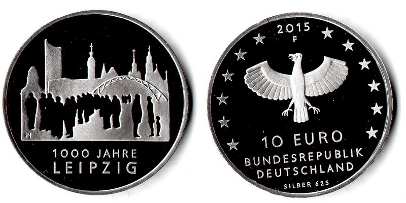  Deutschland  10 Euro (1000 Jahre Leipzig) 20015  FM-Frankfurt  Feingewicht: 10g  Silber PP   