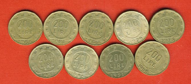  Italien 9x 200 Lire 1978,79,80,81,87,88,91,95,98.   