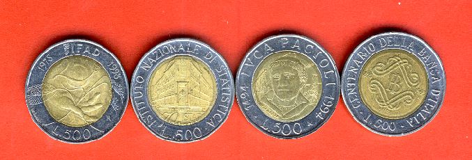  Italien 4x 500 Lire Sondermünzen 1993 National Bank,1994 Pacioli,1996 ISTAT 1998 IFAD.   