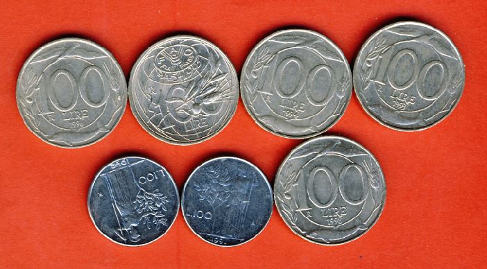  Italien 7x 100 Lire 1991,92,93,94,95 FAO,96,98.   