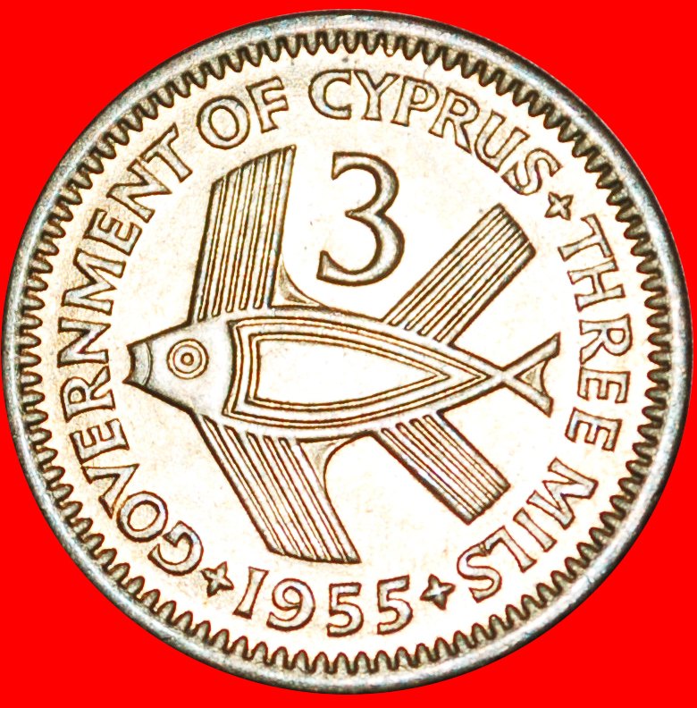 • FISH: CYPRUS ★ 3 MILS 1955 ★ CONDITION OF RED COPPER UNC! LOW START★NO RESERVE!