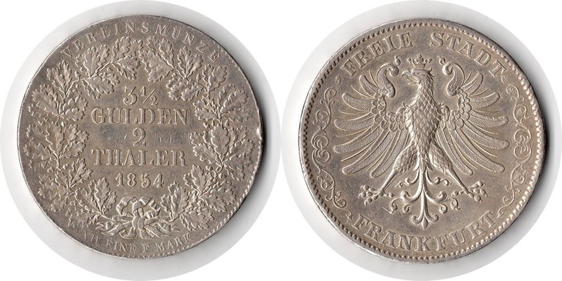  Frankfurt Stadt Doppeltaler (3 1/2 Gulden) 1854  FM-Frankfurt  Feingewicht: 33,33g  Silber  ss/vz   