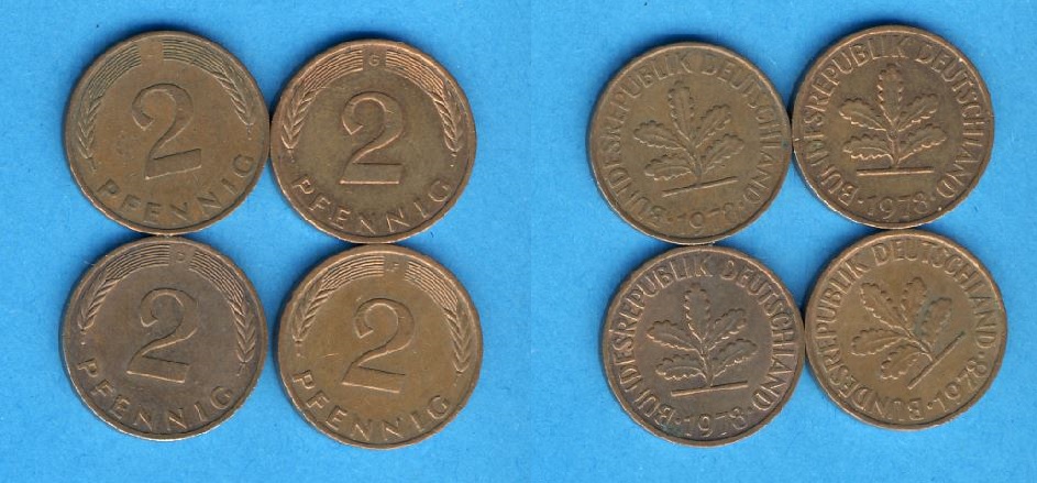  2 Pfennige 1978 D,F,G,J.kompl.   