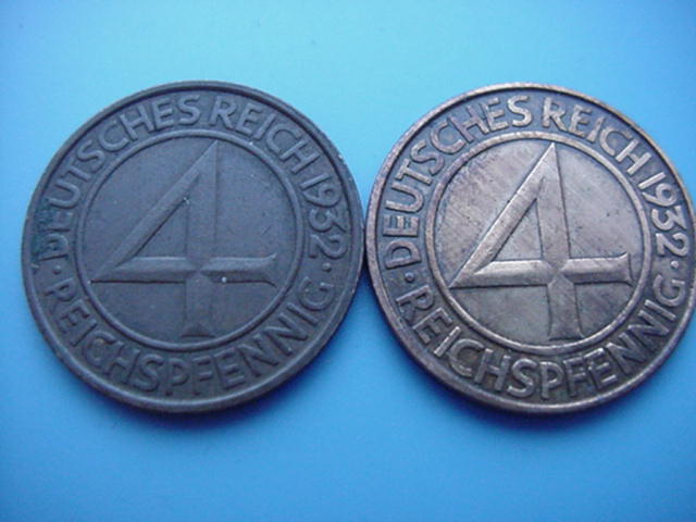 Weimarer Republik 2 x 4 Reichspfennig 1932 D und G