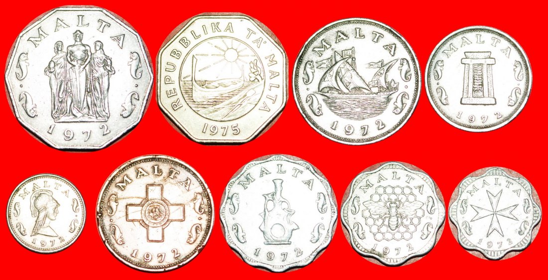 √ DOLPHINS AND SUN: MALTA ★ FIRST SET 9 COINS 1972-1975! LOW START★NO RESERVE!