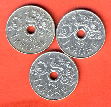  Norwegen 3x 1 Krone 1997,98,99.   