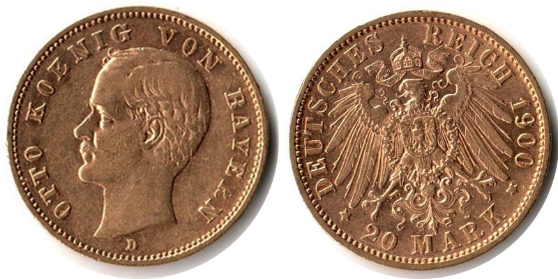 Bayern, Königreich MM-Frankfurt Feingewicht: 7,17g Gold 20 Mark 1900 D sehr schön