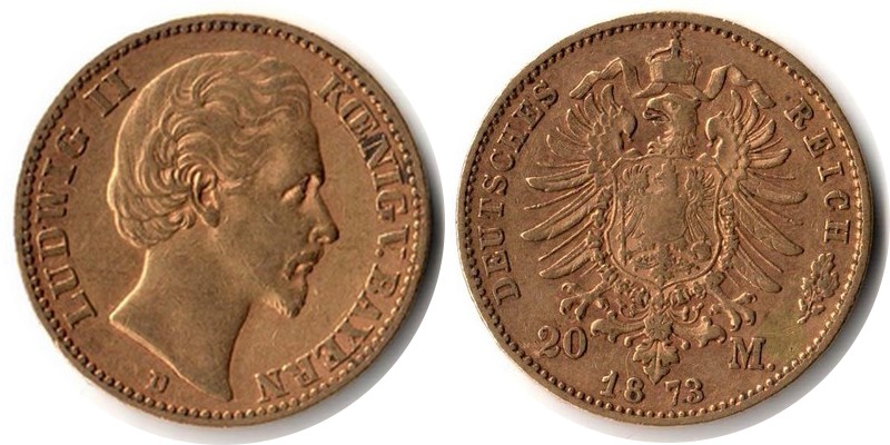 Bayern, Königreich MM-Frankfurt Feingewicht: 7,17g Gold 20 Mark 1873 D sehr schön