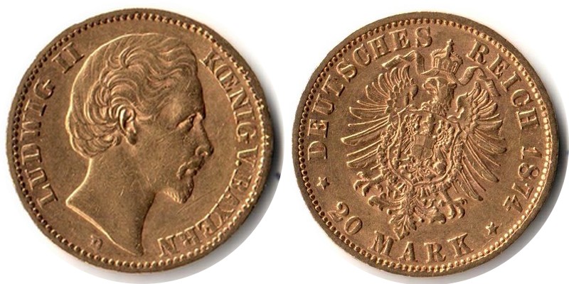 Bayern, Königreich MM-Frankfurt Feingewicht: 7,17g Gold 20 Mark 1874 D sehr schön