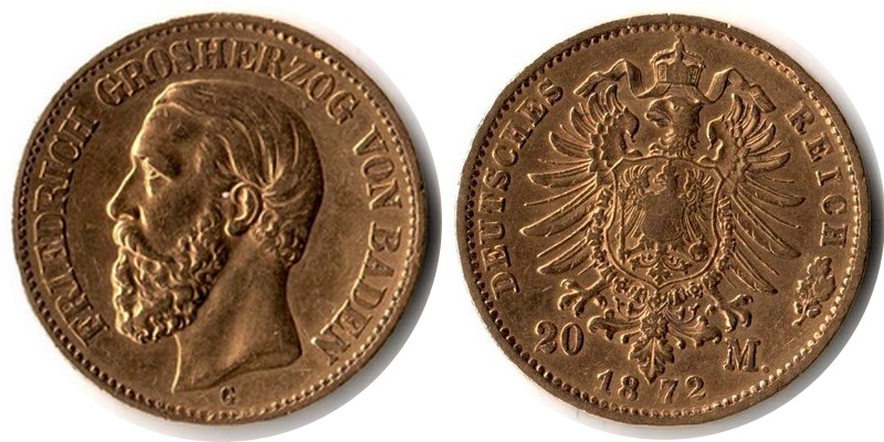 Baden, Großherzogtum MM-Frankfurt Feingewicht: 7,17g Gold 20 Mark 1872 G sehr schön
