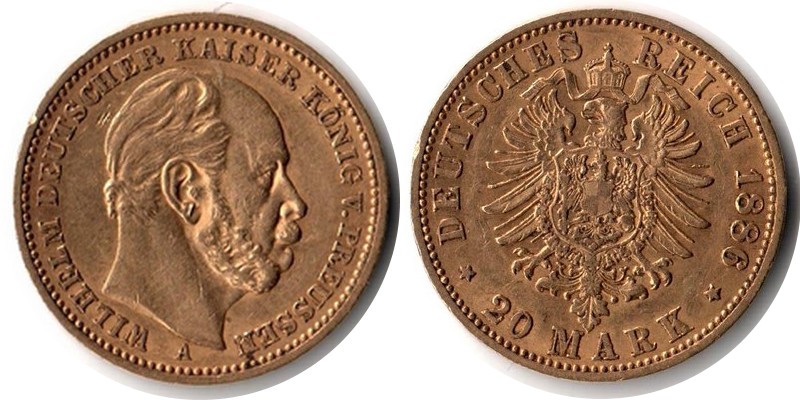 Preussen, Königreich MM-Frankfurt Feingewicht: 7,17g Gold 20 Mark 1886 A sehr schön