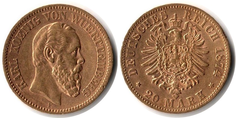 Württemberg, Königreich MM-Frankfurt Feingewicht: 7,17g Gold 20 Mark 1874 F sehr schön