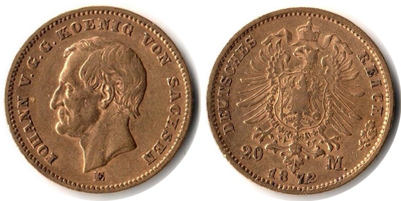 Sachsen, Königreich MM-Frankfurt Feingewicht: 7,17g Gold 20 Mark 1872 E sehr schön