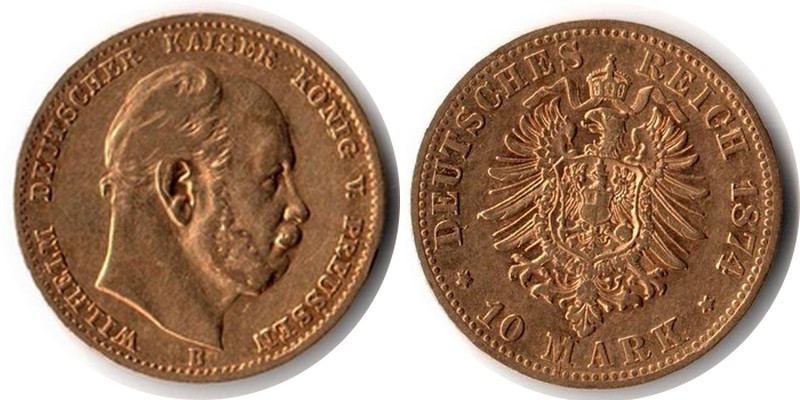 Preussen, Königreich MM-Frankfurt Feingewicht: 3,58g Gold 10 Mark 1874B sehr schön