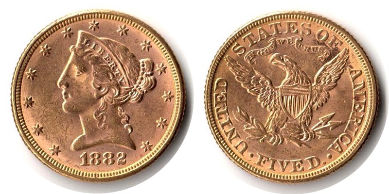 USA MM-Frankfurt Feingewicht: 7,52g Gold 5 Dollar 1882 sehr schön