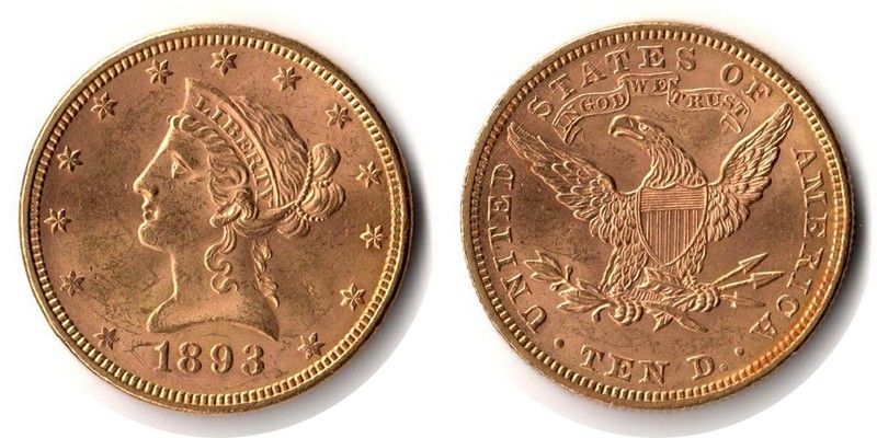 USA MM-Frankfurt Feingewicht: 15,05g Gold 10 Dollar 1893 sehr schön